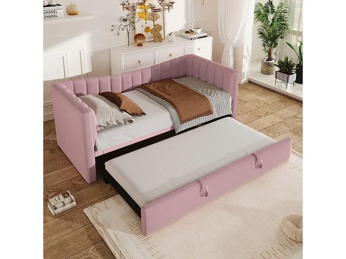 Sofá cama de 90/180×200 cm, terciopelo rosa, cama doble con sofá cama y somier – sin colchón
