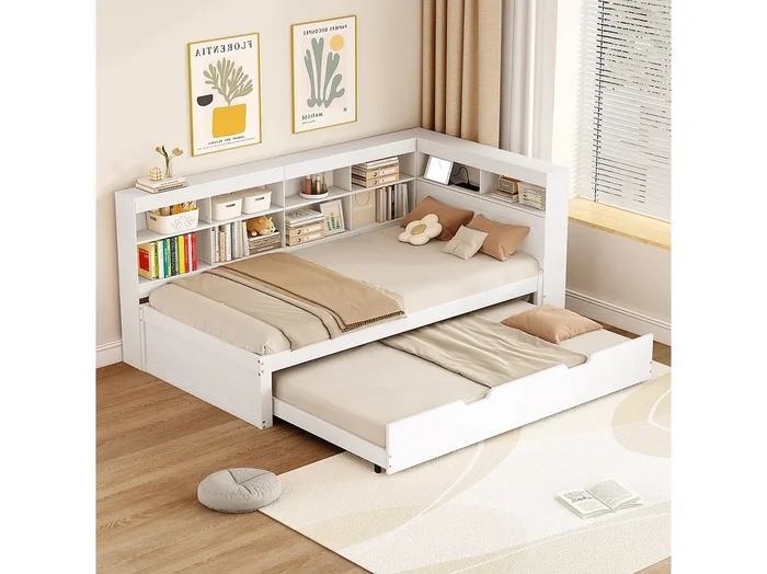 Sofá cama de 90 x 200 cm con cama nido, estante y puerto USB – blanco – sin colchón