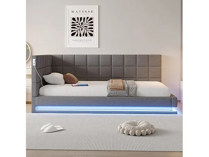 Sofá cama de 90 x 200 cm, equipado con una tira LED, un puerto USB y un somier, en terciopelo gris.
