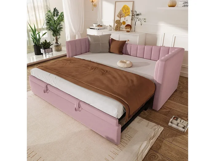 Sofá cama infantil 90×200 cm convertible con cama nido 90×190 cm, terciopelo rosa, sin colchón