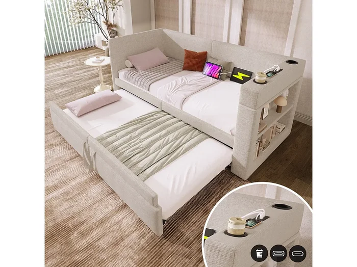 Sofá cama infantil convertible 90/180x200cm, tejido lino algodón beige, puertos USB y Tipo C incluidos, sin colchón