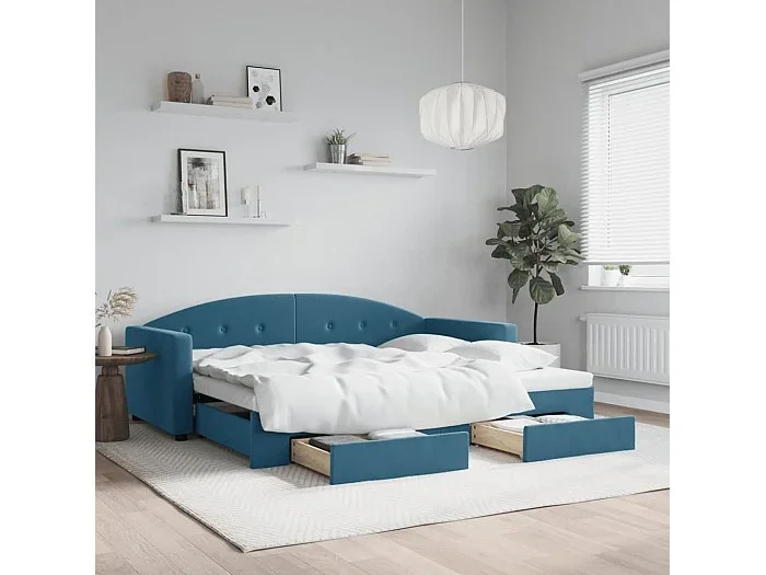 Sofá cama nido con cajones terciopelo azul 90×200 cm
