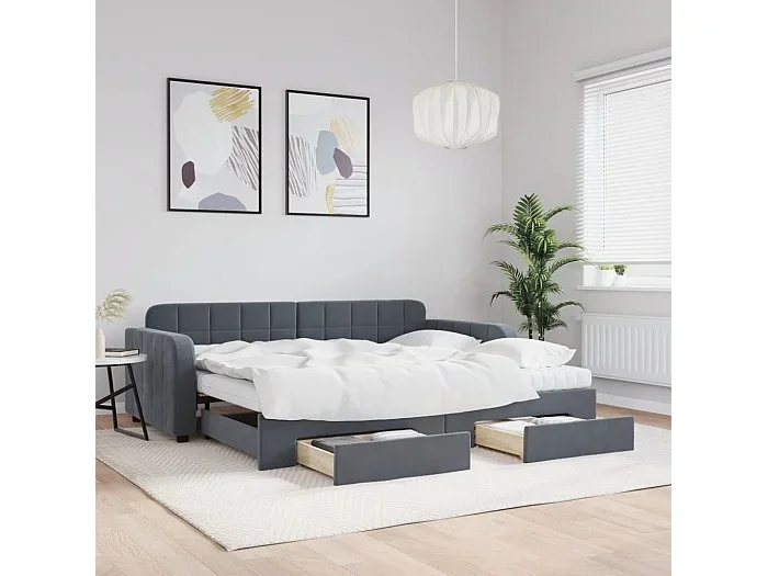 Sofá cama nido con cajones terciopelo gris oscuro 90×190 cm