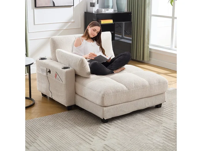 Sofá de 1 plaza con reposabrazos – Sofá relax con 2 portavasos y bolsillos laterales – pana beige
