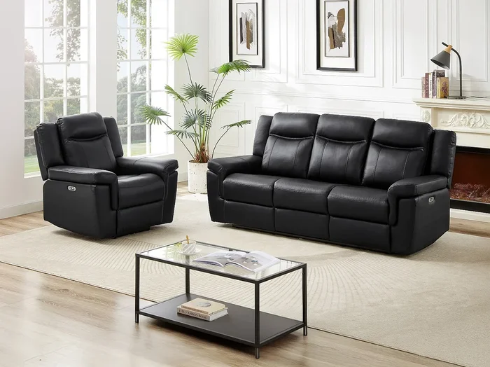 Sofá de 3+1 plazas relax eléctrico de piel KENNETH – Negro