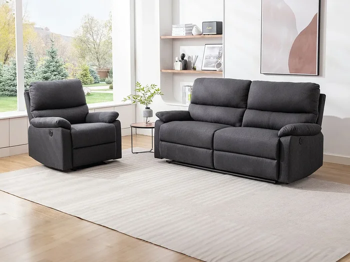 Sofá de 3 plazas y sillón reclinable eléctrico de tela gris antracita LUNANO