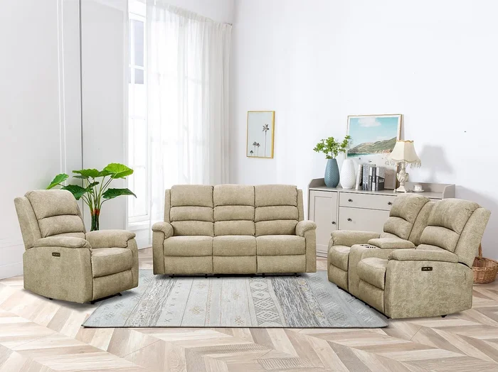 Sofá de 3 plazas y sillón relax eléctrico de tela topo NEVERS