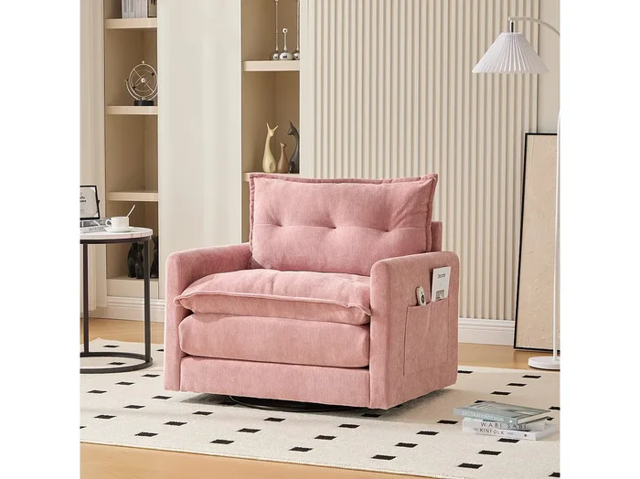 Sofá individual giratorio de chenilla rosa con reposabrazos y cojines, ideal para salón y dormitorio