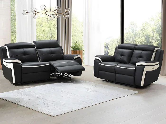 Sofá relax eléctrico de 3+2 plazas de piel ANGELIQUE – Negro/blanco