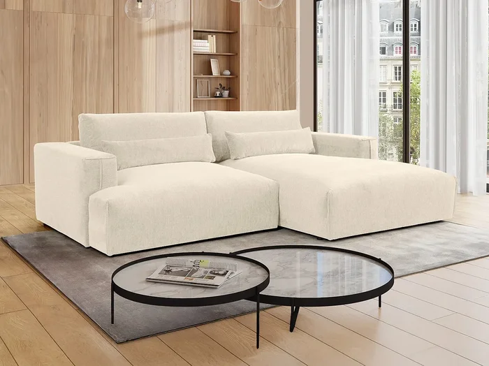 Sofá rinconera derecho de tela beige texturizada COLYSA