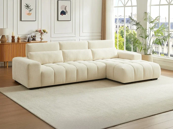 Sofá rinconera derecho de tela texturizada beige LOPONZA