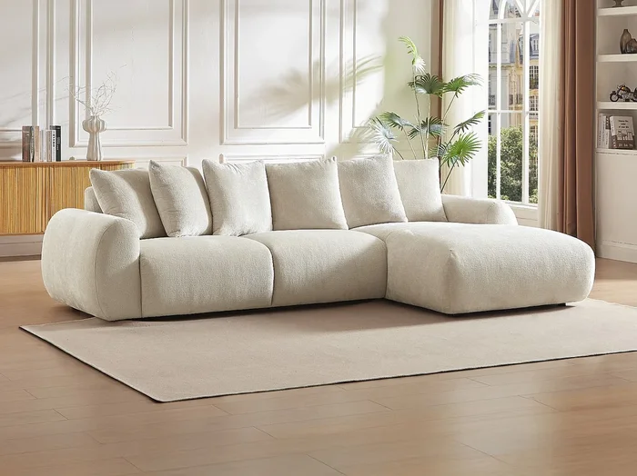 Sofá rinconera derecho de terciopelo texturizado beige BAVOPO