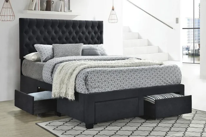 Soledad Charcoal Queen 4-Drawer Button Tufted Storage Bed