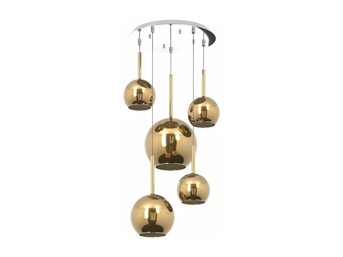 Sosp. Cromo Tonda 5 Luci Vetri (1 Grande+1 Medio+3 Piccolo) Tutti Oro