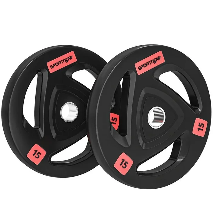 SPORTNOW Discos Pesas Olímpicos 15 kg, Agujero Ø50 mm, de Hierro Fundido, Recubierta de Goma, 2 Placas de Pesas con Triple Agarre, para Mancuernas y Barras, Entrenamiento en Casa, Gimnasio, Negro