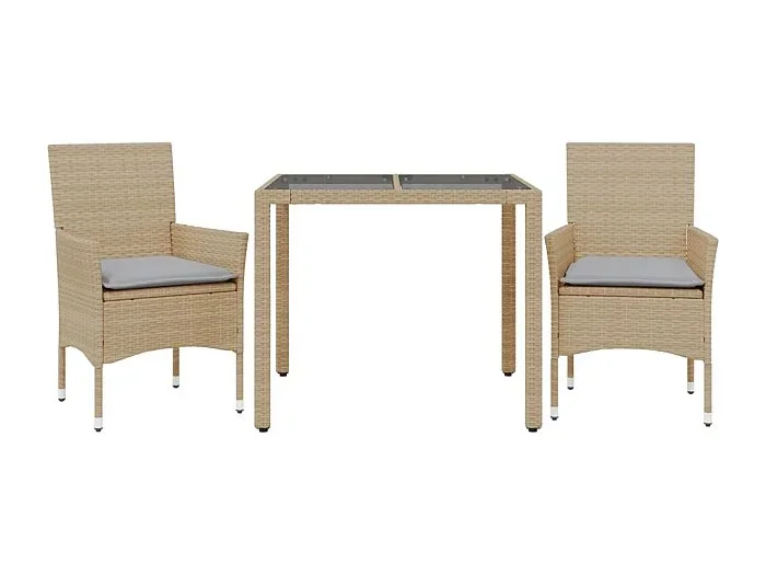 Stafford Springs Set comedor jardín 3 pzas cojines ratán sintético vidrio beige