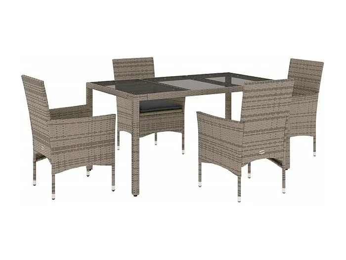 Stafford Springs Set comedor jardín 5 pzas y cojines ratán sintético vidrio gris