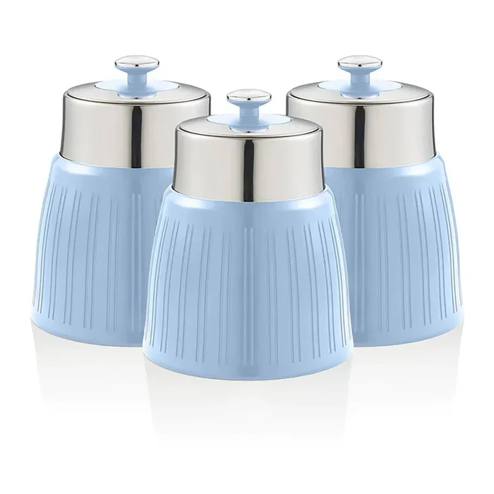 SWAN SWKA1024BLN Set 3 Botes Cocina Almacenaje 1,2 L, Plástico y Acero Inox, Especias, Té ,Café, Retro, Vintage, , Azul