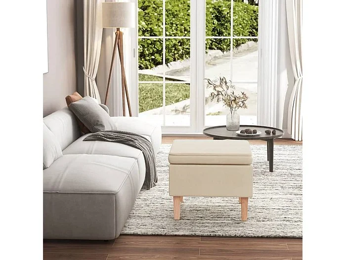 Taburete con patas de madera tapizado tejido crema ES816234