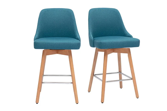Taburetes de bar escandinavos giratorios 360° en tela azul pato y madera de haya maciza H65 cm (juego de 2) HASTA