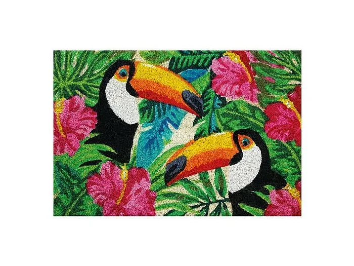 Tapete de fibra de coco blanqueada con motivo de tucanes 40x60cm para interior/exterior cubierto
