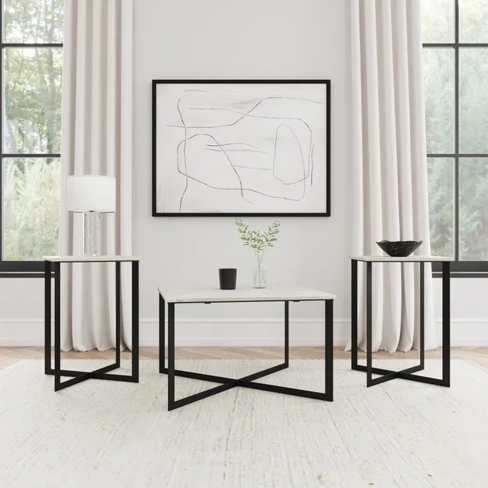 Tobin White and Black 3-Piece Marble Top Coffee and End Table Set