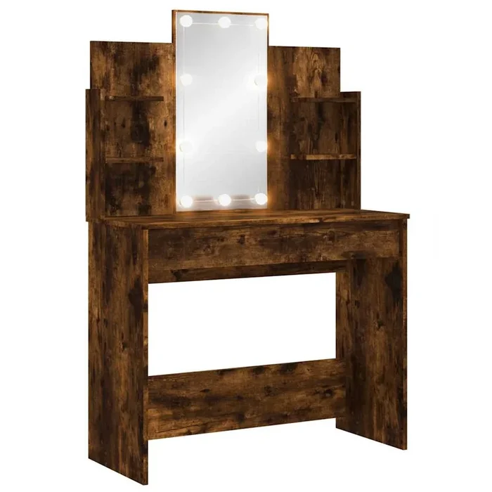 Tocador – Tocador de Maquillaje – Mesa de tocador con luces LED roble ahumado 96x40x142 cm