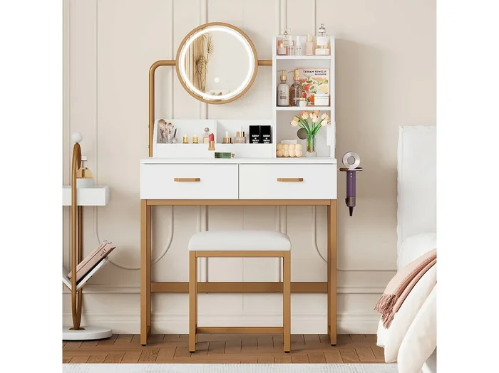 Tocador blanco con 1 taburete, 2 cajones y luces LED Patas de metal dorado 80×40×138,5 cm