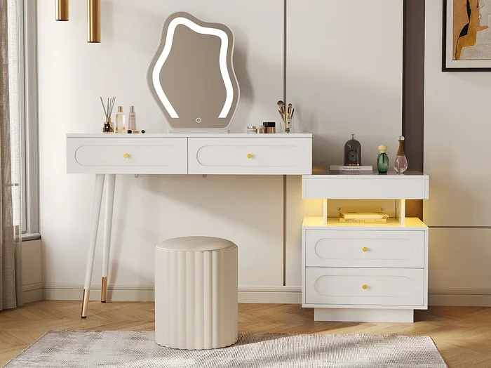Tocador con espejo LED e iluminación – 4 cajones + 1 abierto – 140 x 40 x 130 cm – aglomerado – Blanco