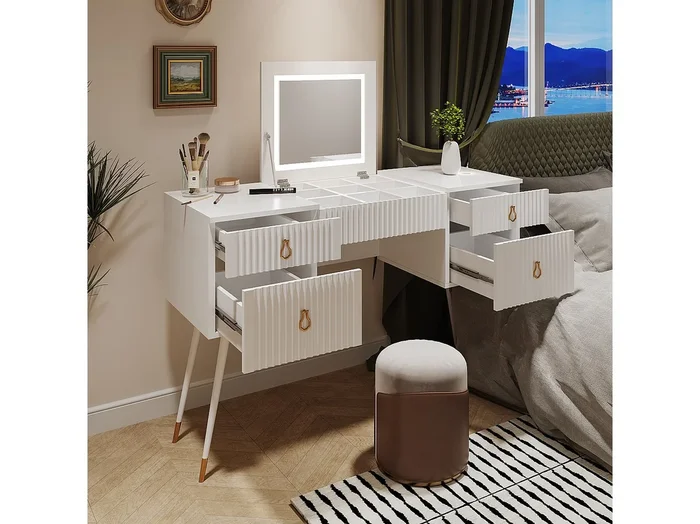 Tocador con espejo plegable con LED inteligentes – 3 cajones espaciosos – 120 x 45 x 121 cm – Madera MDF – Blanco (sin taburete)