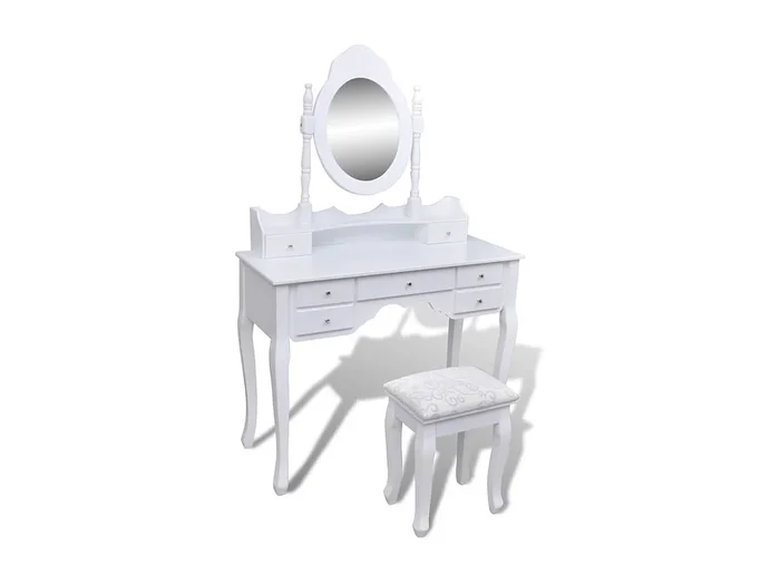 Tocador con espejo y taburete 7 cajones Blanco