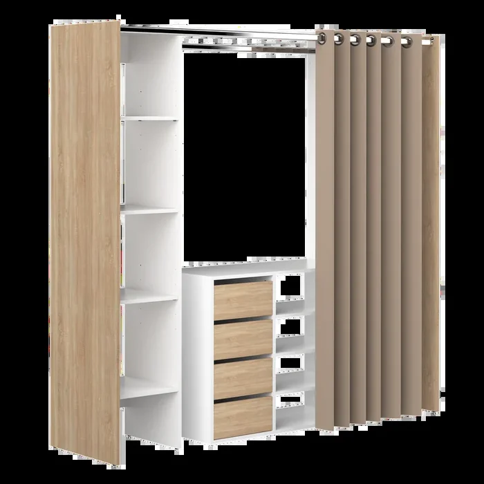Tom Armario para ropa 2 columnas con Zapatero Roble Natural y Cortina Topo – SYMBIOSIS