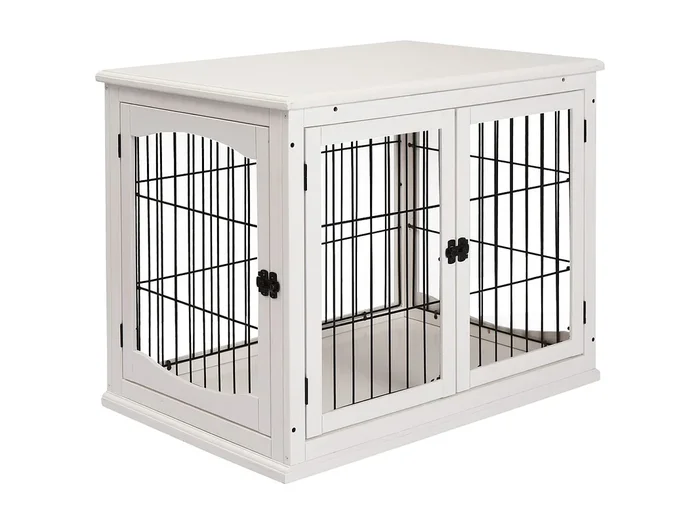 Transportín para perros, diseño moderno con 2 puertas, MDF y metal, blanco (58,5x81x66 cm)