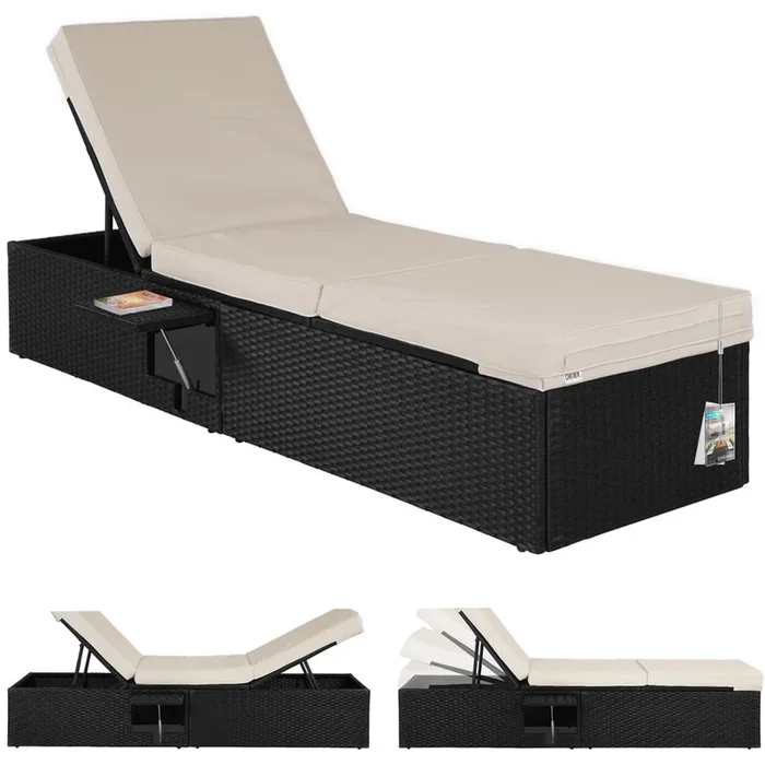 Tumbona de poliratán, mesa plegable, negro