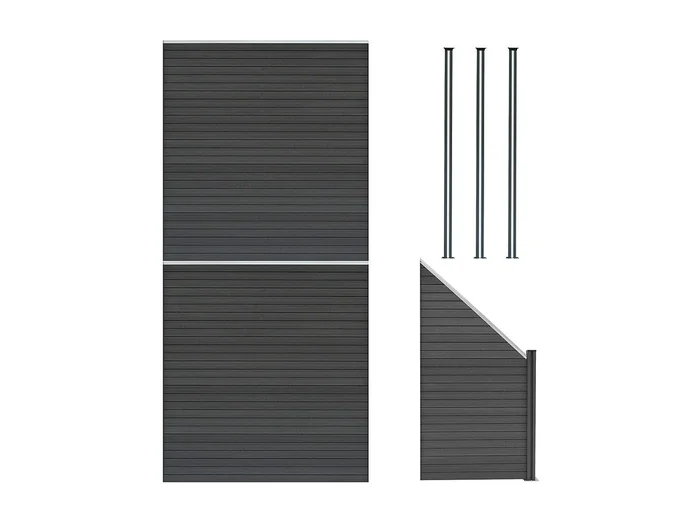 Vallas para exteriores de WPC y Aluminio – 2x Paneles Cuadrados + 1x Oblicuo + 3x Postes con LED Gris