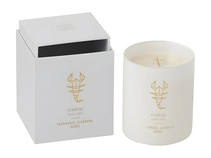 Vela perfumada signo de Escorpio 50H en tarro de vidrio blanco 8x8x9.5 cm
