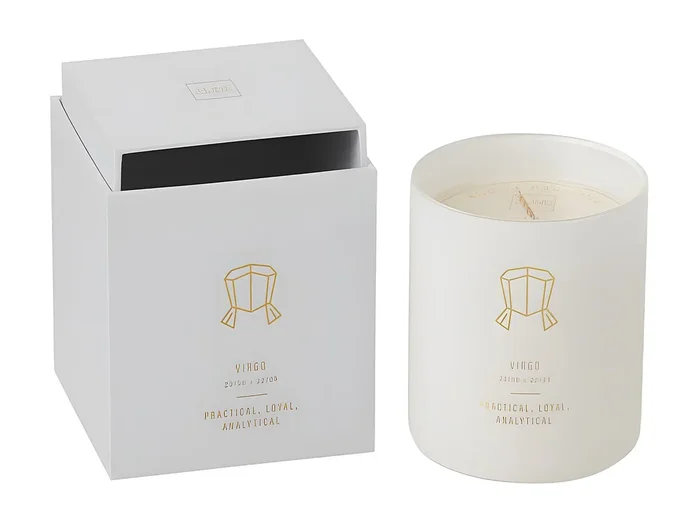 Vela perfumada signo virgo 50H en tarro de vidrio blanco 8x8x9.5 cm