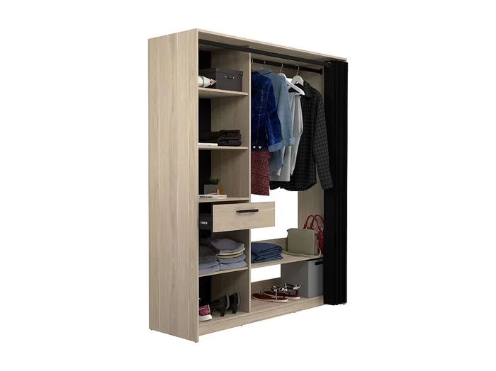 Vestidor Aura col. 5 estantes, 1 cajón, barra madera clara/negra 161x200x50 cm