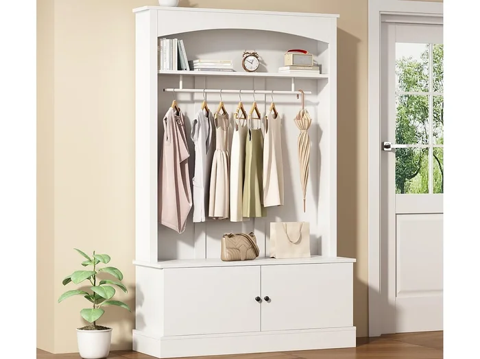 Vestidor moderno – con perchero y almacenamiento para zapatos – Banco de almacenamiento – con ganchos – Blanco