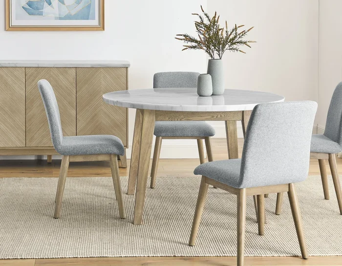 Vida Burnished Blonde/Gray Round Marble Top Dining Room Set