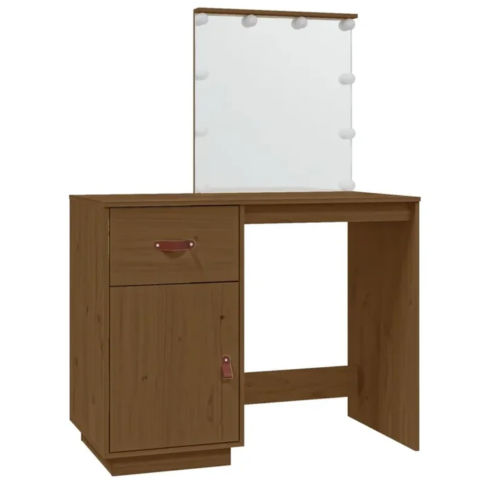 vidaXL Mesa tocador LED madera maciza pino marrón miel 95x50x133,5 cm
