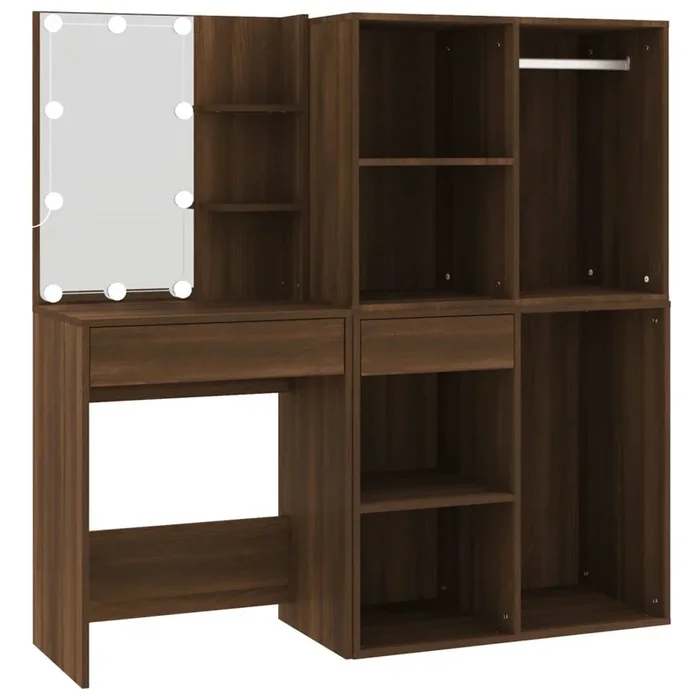 vidaXL Tocador con LED y armario madera contrachapada marrón roble