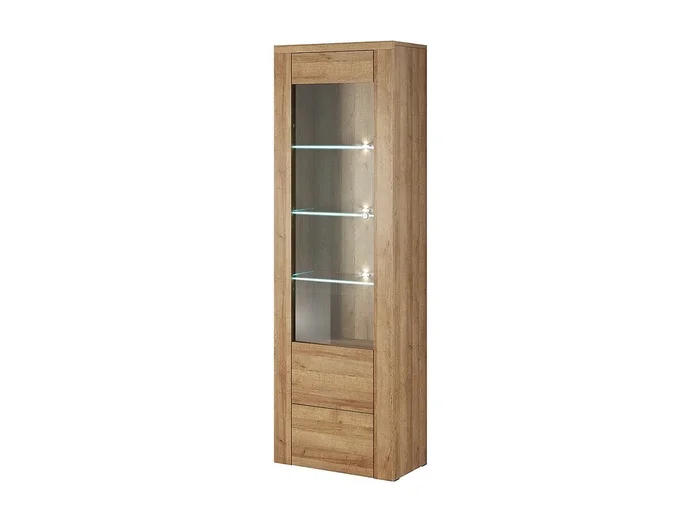 Vitrina alta de diseño con una puerta y iluminación LED colección SANTIAGO. Color roble.