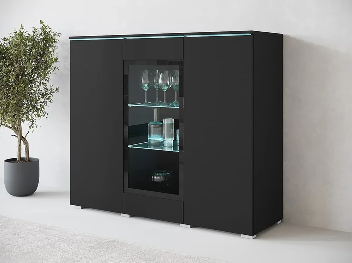 Vitrina alta moderna 120 cm para salón con LED, 3 puertas, negro mate