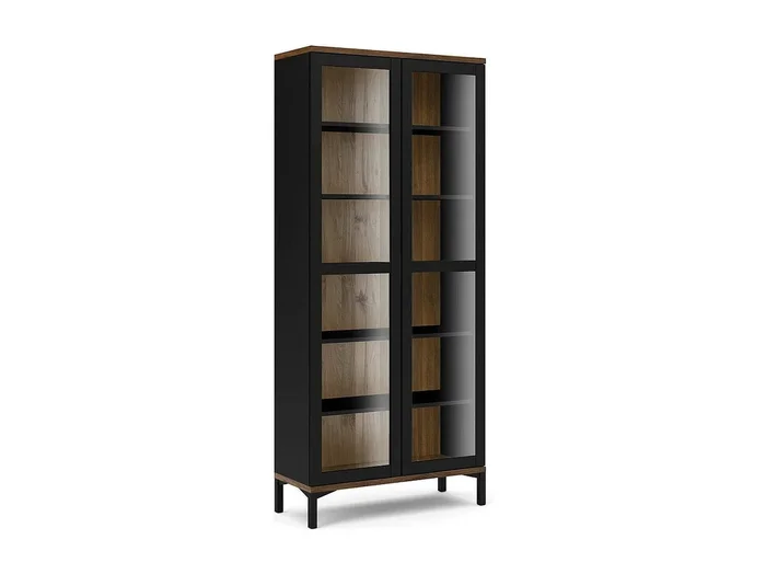 Vitrina Dvecchi, Aparador de exposición, Vitrina multiusos, Aparador de salón, 89×36 h203 cm, Negro y Nogal