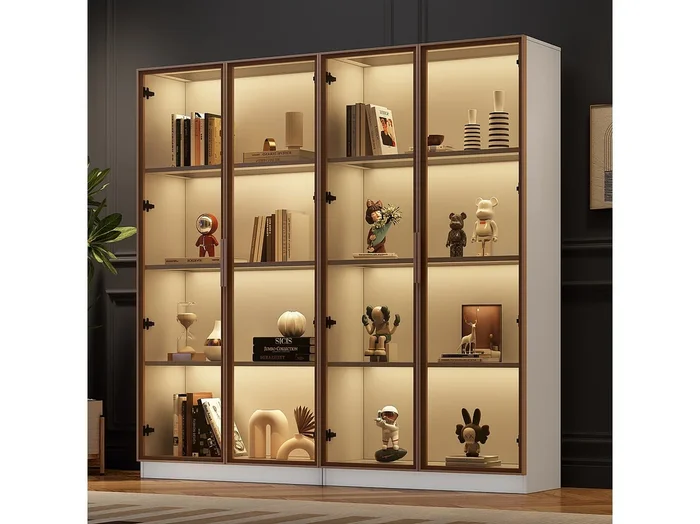 Vitrina LED blanca de madera y cristal para almacenaje y exposición 160×160 cm salón oficina moderna