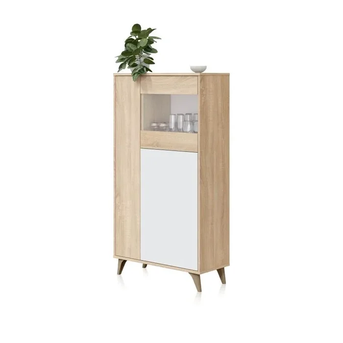 Vitrina Lira Blanco Artik (Blanco Mate) – Roble Canadian 77 x 142 x 33 cm