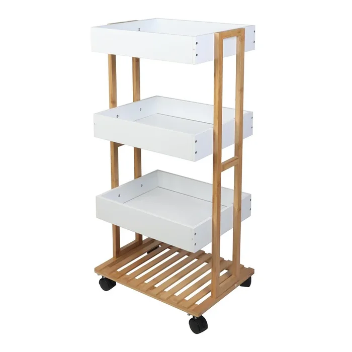 Well Home Carro de almacenamiento en Bamboo con 1 estante y 3 Bandejas en color Blanco 40x30x87,5cm