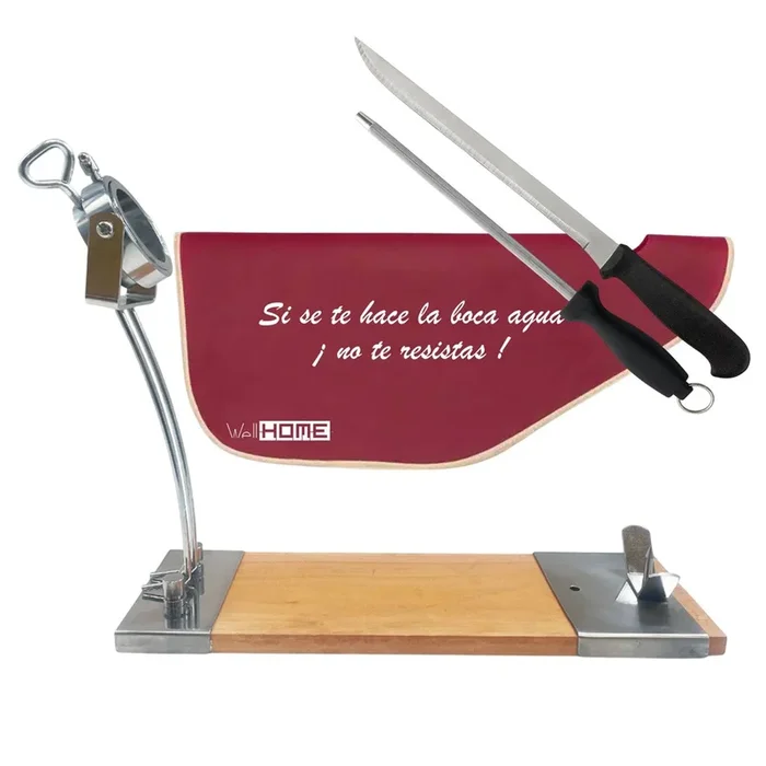 Well Home Jamonero IBERIA Luxe en madera y acero inox + Set de cuchillo jamonero (25cm) y Chaira (21cm) + Funda para Jamón ‘Tiberic‘ Burdeos