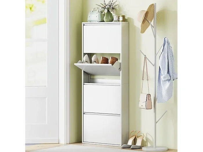 Zapatero metálico de pared con 4 puertas, 55 x 15 x 139,5 cm, ahorra espacio, entrada, negro